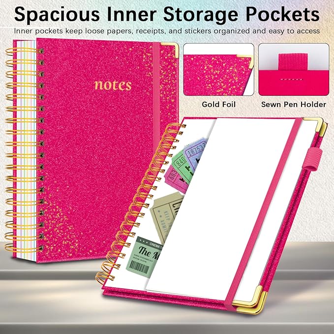 Hardcover Spiral Notebook with Removable Dividers & Tabs, 8.5"x11" 5 Subject Notebooks for Work, 300 Pages College Ruled Notebook, A4 Sparkle Lined Journal for Women Girls Note-Taking (Rose Red)