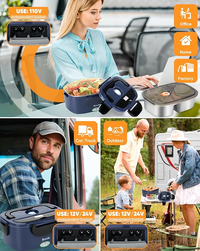Eocolz Electric Lunch Box Food Heater 80-100W, Food Warmer with Dual Container 1.5L Portable Heated Lunch Box for Car Truck Work Stainless Steel Fork & Spoon 12/24/110V for Adults Lonchera Eléctrica