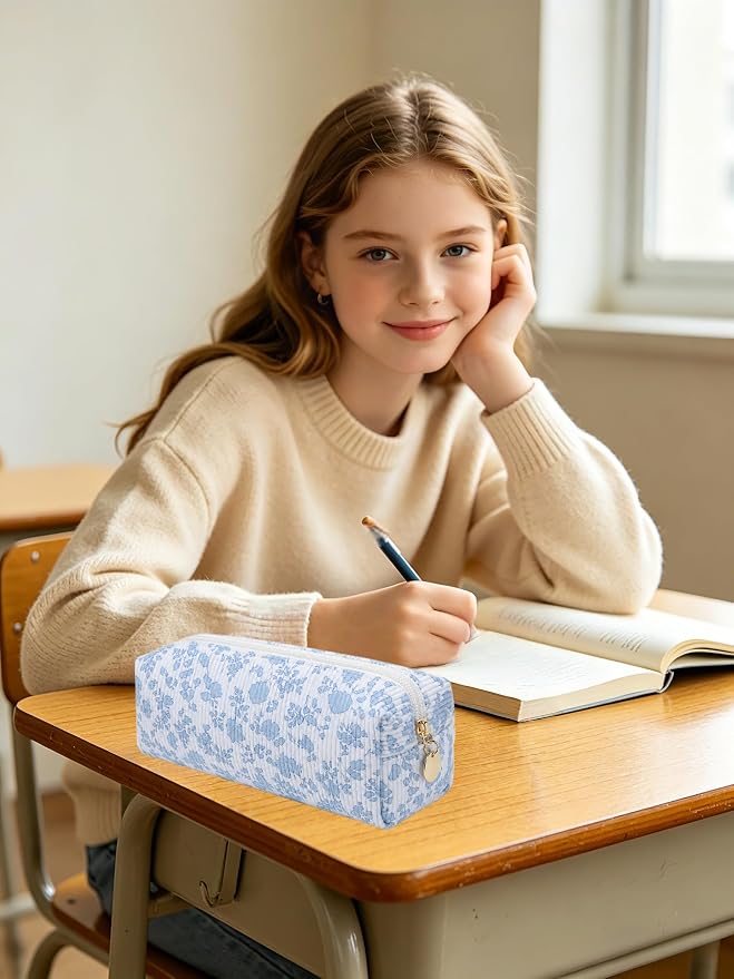 Pencil Case, Pencil Pouch for Women, Pencil Case Small, Pencil Pouch Aesthetic (Blue floral)