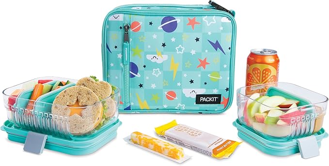 PackIt Freezable Classic Lunch Box, Happy Clouds, Built with EcoFreeze Technology, Collapsible, Reusable, Zip Closure With Zip Front Pocket and Buckle Handle, Designed for Fresh Lunch On the Go