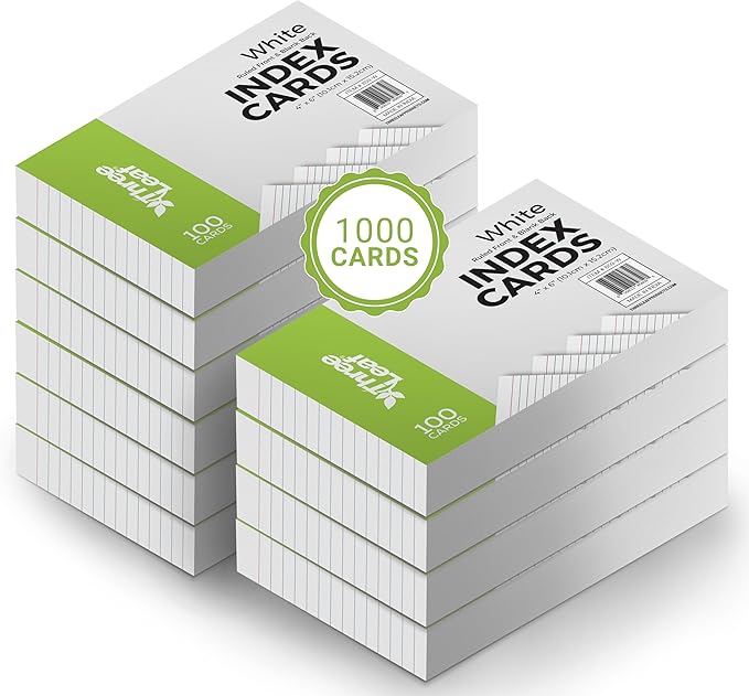 THREE LEAF 4 X 6, INDEX CARDS RULED, 1000 CT. (100 x 10) WHITE, Ruled Flash Cards, Study Card, Memo Pad, For To-Do List, Art And Craft Projects