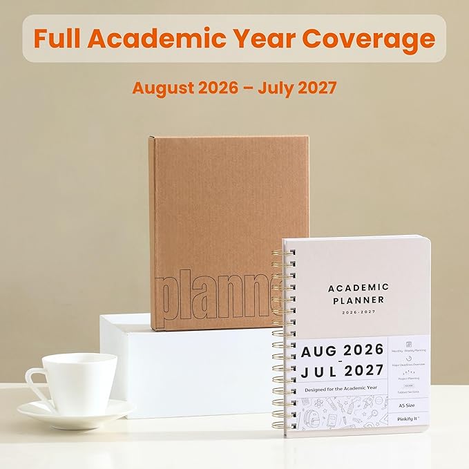 Academic Planner Aug 2026-Jul 2027, A5 Size, Student Planner with Monthly & Weekly Layout, Spiral Planner with Tabs, Class Schedule, Major Deadlines & Project Planning (Cream White)