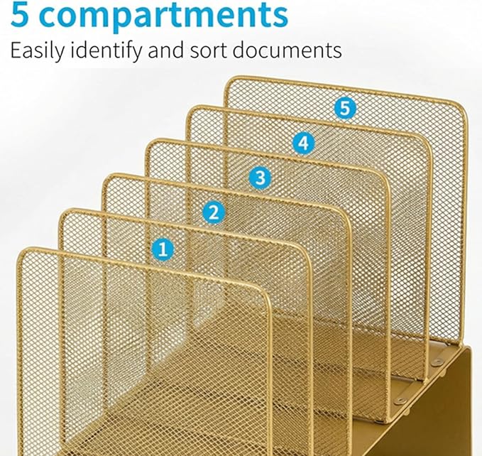 LEKETREE File Organizer for Desk, File Folder Organizer with 5-Section Vertical Rack, Suitable for Home Office Document Organization and Storage(Gold)