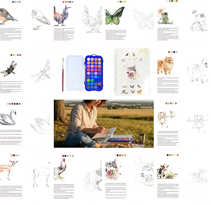 36 Colors Watercolor Book with Paint，Beginner Watercolor Workbook Kit, Watercolors Workbook (Animals -36 Colors)