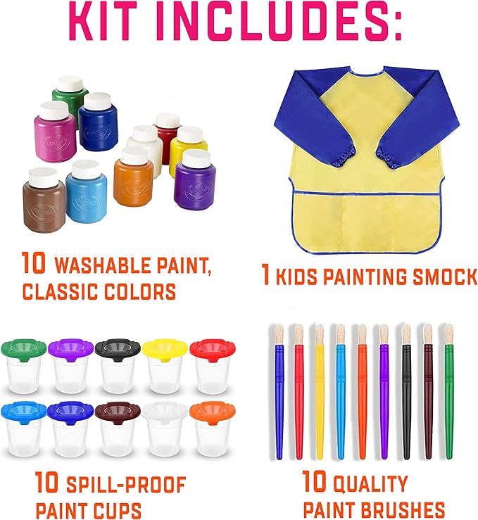 The Mega Deals Kids Painting Set - Washable Non-Toxic Finger Paints (10 Colors of 2 oz) with 10 Paint Cups, 10 Brushes, Kids Smock Mess-Free Toddler Art Supplies Painting Kit for Kids Gift Bundle