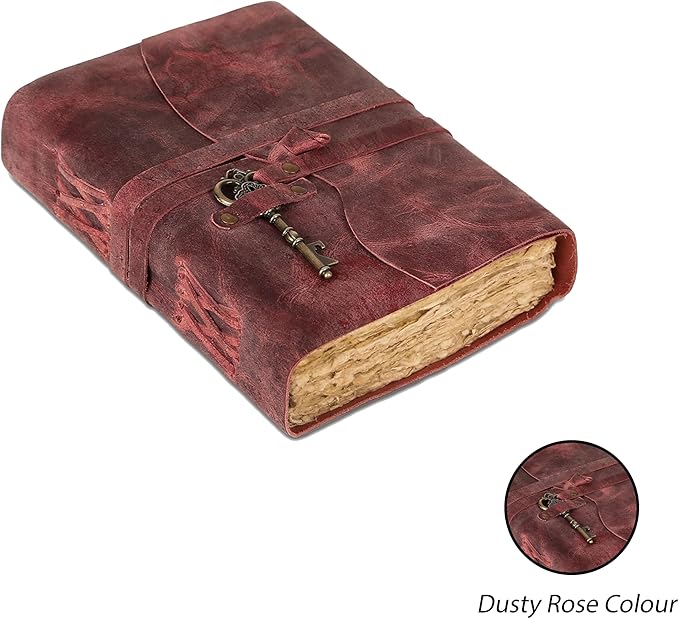 Leather Journal with Deckle Edge Paper 8x6 inch and Vintage Key | Handmade Writing Notebook Diary | Bound Daily Notepad for Men & Women Medium, Sketch/Writing pad for Artists