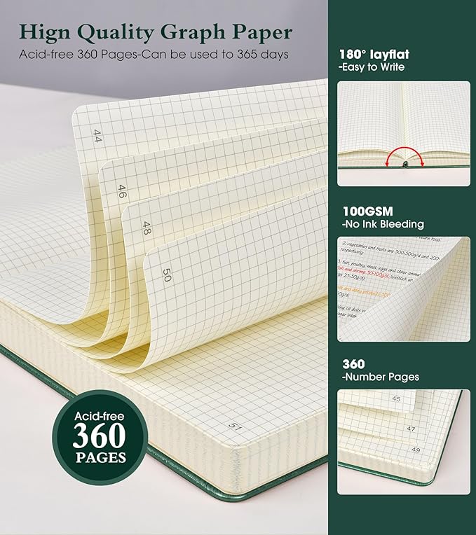 Ansopu Graph Paper Notebook Journal, 360 Numbered Pages Grid Notebooks, Thick 100gsm Graphing Paper Journals for Writing Women Men, A5 Large Hardcover Leather Graph Notebook 5.75'' × 8.38'' Green