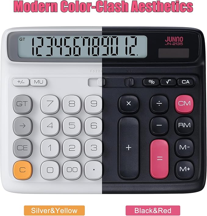 12-Digit Desktop Calculator, Modern Color-Clash Aesthetic Design, Dual Power (Solar & Battery), Ergonomic Tilted Large LCD Display for Office, School and Accounting (Black)