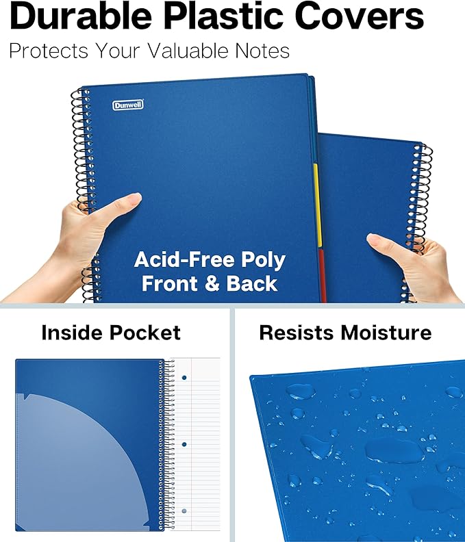 Dunwell 3-Subject Spiral Notebook College Ruled 8.5x11 (Blue), 150 Sheets (300 Pages), Tabs, Colorful Movable Divider Pockets Fit 8.5 x 11 Content, Front/Back Plastic Covers, 3-Hole Perforated Pages