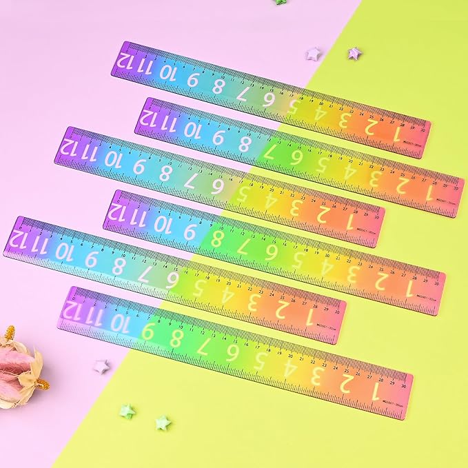 BAYTORY 6Pcs 12inch/30cm Acrylic Straight Rulers, Transparent Gradient Color Rulers, Shatterproof Rainbow Color Measure Stationery with Centimeters, for School Classroom Student (12inch/30cm)