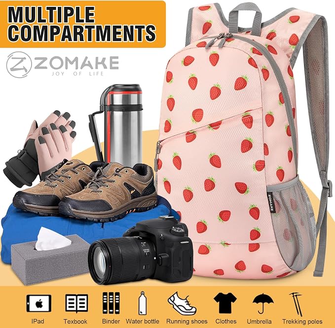 ZOMAKE Lightweight Packable Backpack 20L, Foldable Small Daypack for Hiking | Water Resistant Backpacks Day Bag for Travel Outdoor Camping Sport, Everyday Carry, Multiple Pockets(Strawberry Print)