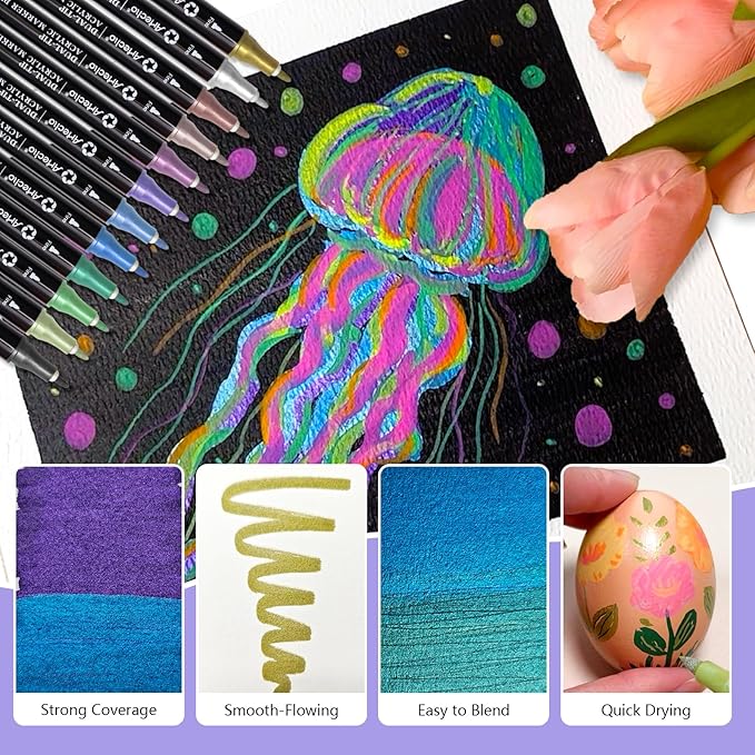 Artecho Acrylic Paint Markers 12 Metallic Colors, for Stone, Rock Painting, Paper, Pumpkin, Wood, Egg, Canvas, Ceramic, Fabric, leather, Glass, DIY Crafts