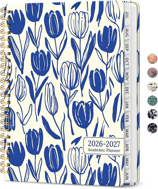 Planner 2026-2027, Academic Year Weekly and Monthly Calender Planner, from Jul 2026 - Jun 2027, Spiral Bound School Planning Book, Perfect for Teacher, Student, Women & Men, A5 (6.3" x 8.5"), Indigo Tulips