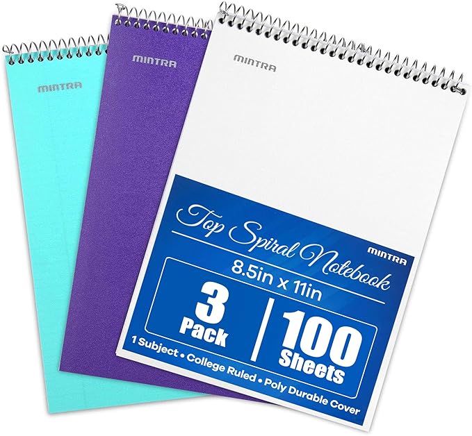 Mintra Office TOP BOUND Durable Spiral Notebooks (Teal, Purple, White, College Ruled 3pk)
