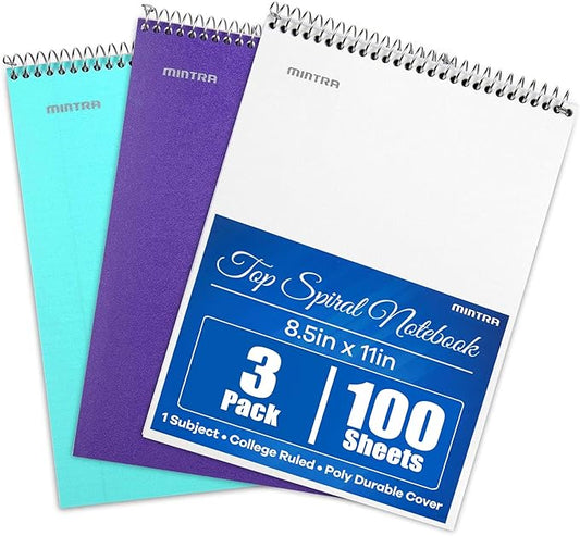 Mintra Office TOP BOUND Durable Spiral Notebooks (Teal, Purple, White, College Ruled 3pk)