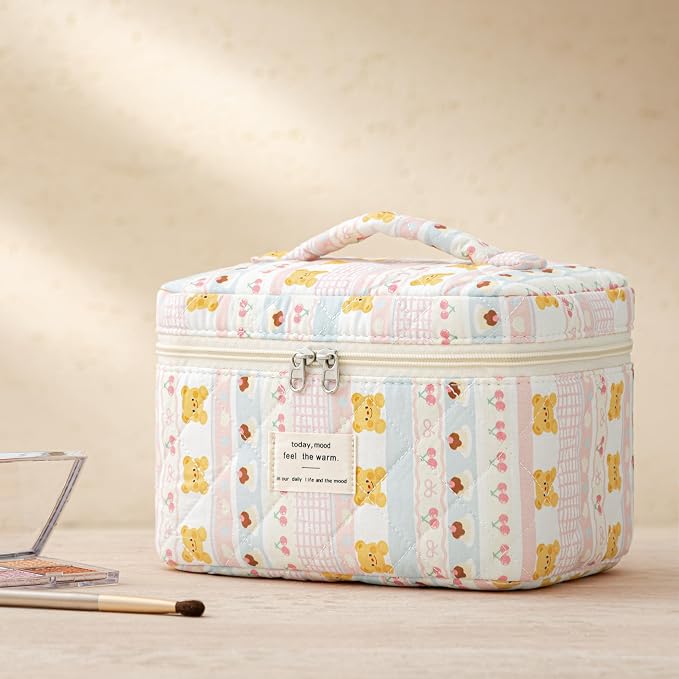 HBselect Quilted Makeup Bag, 3Pcs Cotton Large Travel Makeup Bags Organizer | Cute Floral Make up Bag Cosmetic Bag Toiletry Bag for Women Girls, Makeup Pouch for Skincare, Brushes & Travel Essentials
