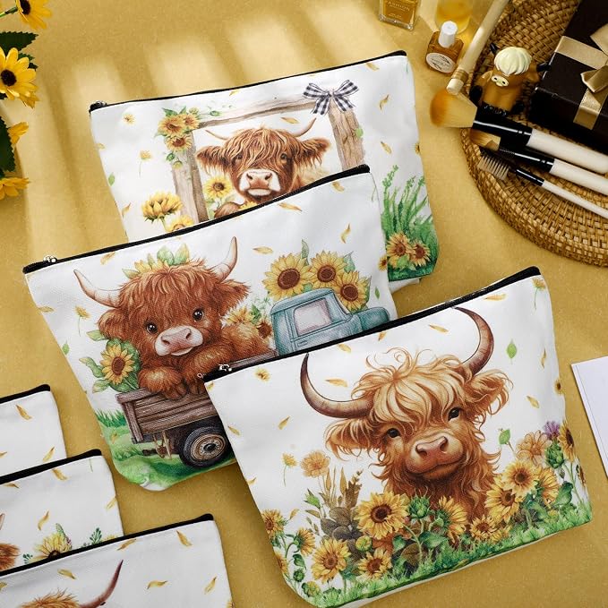 Reginary 12 Pcs Highland Cow Makeup Bags Sunflower Cow Cosmetic Bags with Zippers Floral Pouch Bulk Appreciation Gifts for Mom Women Teacher Graduation Summer Wedding Birthday Travel Party Supplies