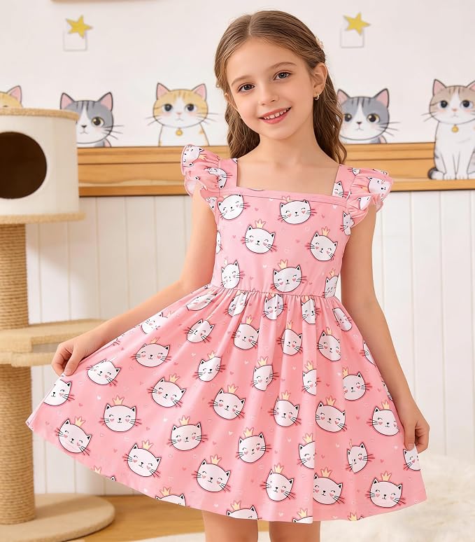 Popshion Girls Dresses Flutter Sleeve Swing Sundress Toddler Summer Clothes Kid Birthday Party Sleeveless Dress 1-8 Years Old