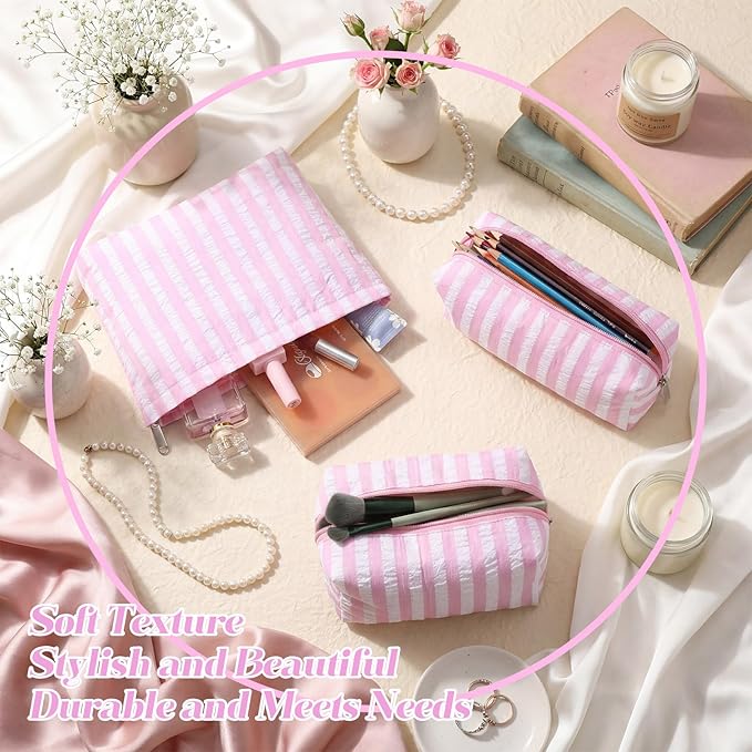 Huhumy 3 Pcs Makeup Bag Set Cute Cosmetic Pouch for Women Aesthetic Seersucker Travel Toiletry Bag Set Preppy Small Makeup Purse Pouch Wide Stripe Cosmetic Organizer Pencil Case with Zipper(Pink)