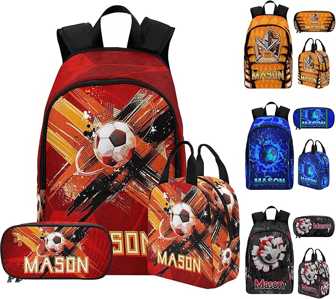 M YESCUSTOM Personalize Boys Backpack with Lunch Box, Red Football Soccer Custom Toddler Sports Backpack with Name Elementary School Kindergarten Travel Bookbag