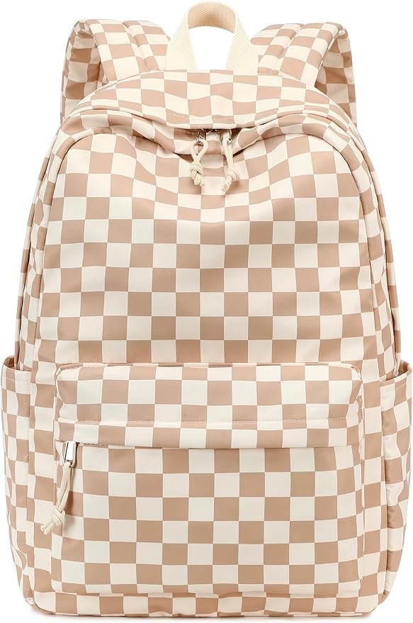 LOIDOU Backpack for Girls School Backpacks Bookbags for Elementary Middle School Women Laptop Backpacks (Brown white checker, L-17)