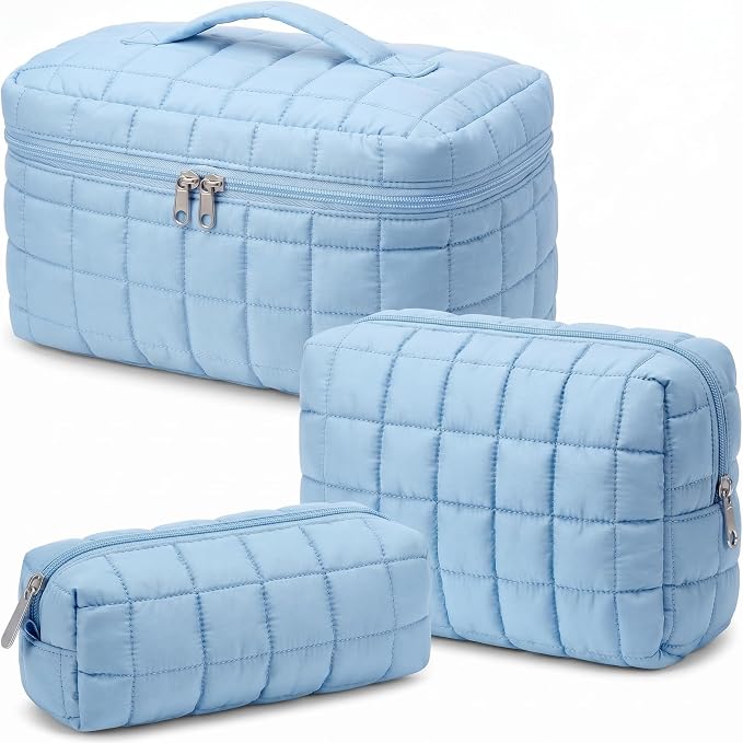 Huhumy 3 Pcs Large Puffy Makeup Bag Set Quilted Cosmetic Pouch for Women Cute Checkered Travel Toiletry Bag Puffer Makeup Organizer Purse Pouch Preppy Pencil Case with Zipper Valentine Gift(Blue)