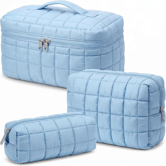 Huhumy 3 Pcs Large Puffy Makeup Bag Set Quilted Cosmetic Pouch for Women Cute Checkered Travel Toiletry Bag Puffer Makeup Organizer Purse Pouch Preppy Pencil Case with Zipper Valentine Gift(Blue)