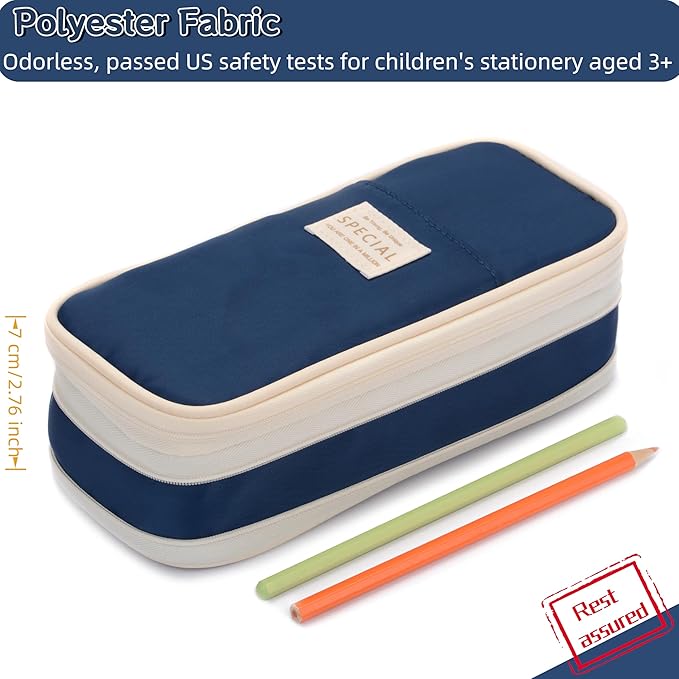 Large Capacity Big Special Cute Aesthetic Preppy Canvas Pencil Case Organizer Holder Pouch Bag with Zipper Compartments, Pen Cases for Women Girls School Adults (Navy)