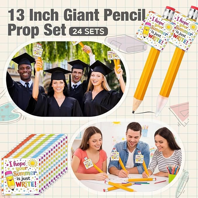24 Sets End of the Year Student Gifts 13 Inch Big Wooden Jumbo Pencils Set of Giant Pencil Prop with Summer Greeting Card Large Pencils with Cap Preschool Kindergarten Graduation Gift