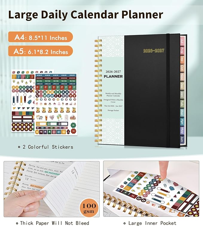 Academic Planner 2026-2027, Weekly and Monthly Calendar Planner from July 2026 - June 2027, 8.5" x 11" A4 Large Daily Agenda Book with Tabs, Flexible Cover, College School Organizer for Student Teacher, Black