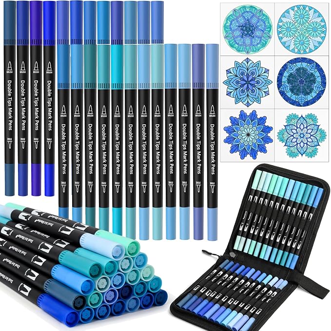 Blue Dual Tip Brush Pen,Colored Fine & Brush Calligraphy Pens, Dual Tip Blue Markers for Adult Coloring Felt Tip Books Drawing Planner Calendar Art Sketch Outlining Sketching Calligraphy