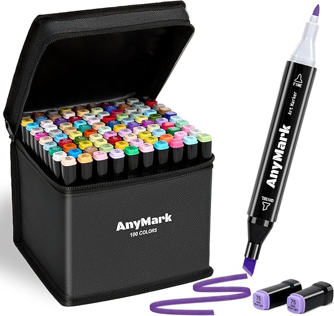AnyMark Alcohol Markers, 100 Colors Dual Tip Art Coloring Markers Set for Adult Book Drawing Sketching Painting, Chisel & Fine, Black Penholder