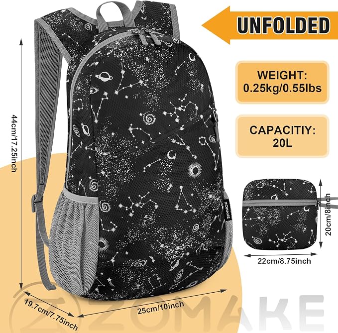 ZOMAKE Lightweight Packable Backpack 20L, Foldable Small Daypack for Hiking | Water Resistant Backpacks Day Bag for Travel Outdoor Camping Sport, Everyday Carry, Multi Compartment Storage(Star Print)