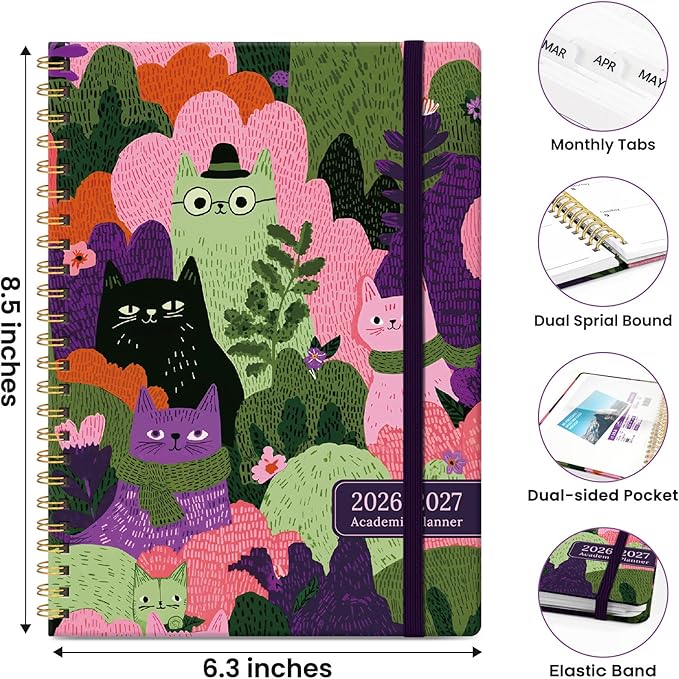 Planner 2026-2027, Hardcover Monthly and Weekly Academic Planner July 2026 - June 2027, Teacher and Student Calendar Agenda Book with Tabs, A5 (6.3" x 8.5"), Ideal for School and Office, Feline Grove