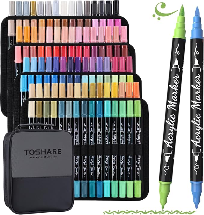 TOSHARE 120 Colors Acrylic Paint Markers, Brush & Fine Dual Tip Acrylic Paint Pens for Rock, Wood, Paper, Fabric, Canvas, Glass, Ceramic, Egg, Scrapbook and DIY Crafts Supplies Art Gifts
