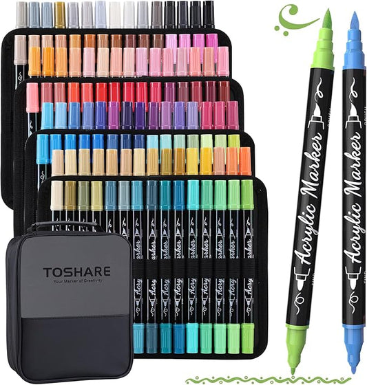 TOSHARE 120 Colors Acrylic Paint Markers, Brush & Fine Dual Tip Acrylic Paint Pens for Rock, Wood, Paper, Fabric, Canvas, Glass, Ceramic, Egg, Scrapbook and DIY Crafts Supplies Art Gifts