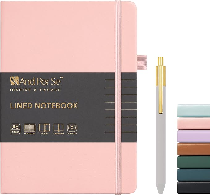 &And Per Se Lined Journal and Pen Set, A5 Leather Hardcover Notebook with Pen & Stationary Set, 160 Pages 100GSM Thick Ruled Paper Journal for Business Work Writing (Pink)