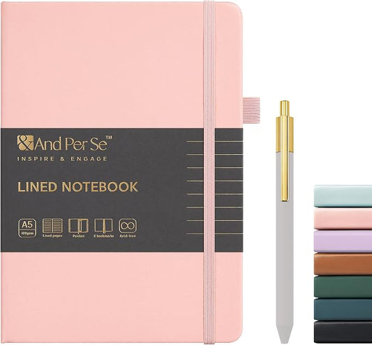 &And Per Se Lined Journal and Pen Set, A5 Leather Hardcover Notebook with Pen & Stationary Set, 160 Pages 100GSM Thick Ruled Paper Journal for Business Work Writing (Pink)