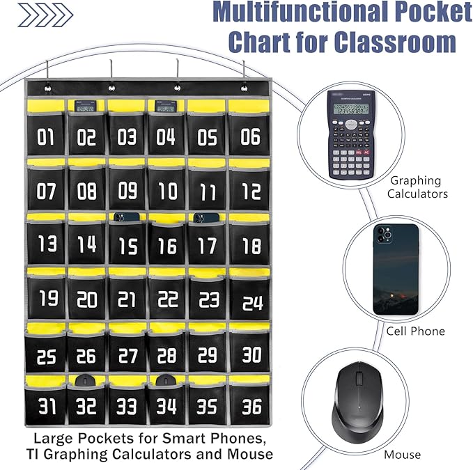 Loghot Classroom Accessories Closet Pocket Chart for Cell Phones Holder Wall Door Hanging Organizer (36 Pockets Black)