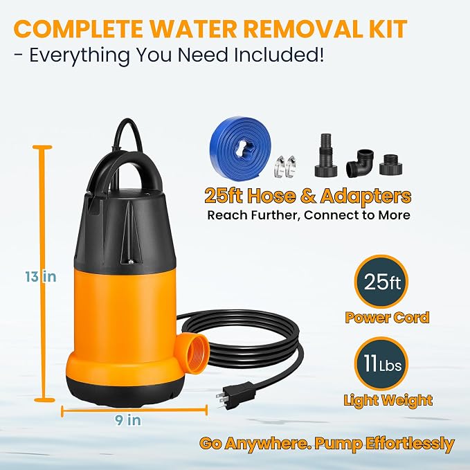Sump Pump Submersible With 25Ft. Hose, Submersible Pump, 25Ft Cord, 4000GPH | 1.5HP Water Pump Submersible With 25ft. Hose Kit, Utility Pump, Sump Pump with 25Ft Cord For Pools, Garden Ponds, Basement