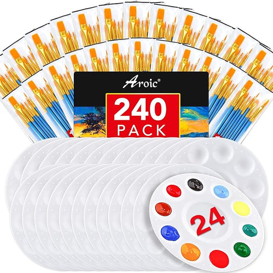 AROIC Paint Brushes Palette Set,24 Pack/240Pcs Acrylic Paint Brushes and 24 Palettes, Professional Artist Brushes, Finger and Face Painting Oil Painting Watercolor Kid's and Adult Painting Art Set.