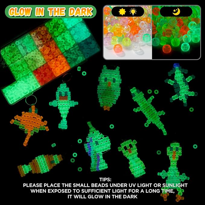 Pony Beads Kit for Keychain Making, Glow in the Dark Bead Pets for Kids Beginners，Includes Instructions for 25 Animal Designs and Storage Box, Kids Craft Kit for Rainy Day Group and Family Activities