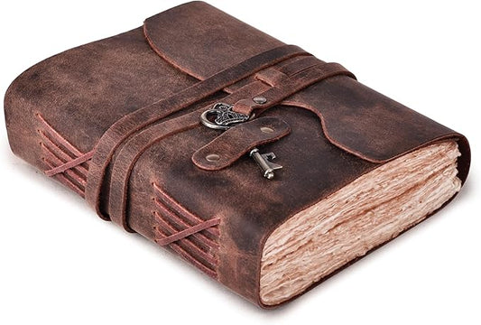 LEATHER VILLAGE Vintage Leather Journal – 200 Handmade Vintage Deckle Edge Paper – Leather bound Journal For Women Men – Vintage Key Closure - Book of Shadows - 10X7 inches - Fuchsia