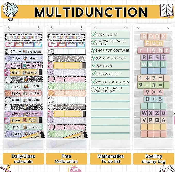 Gueevin Daily Schedule Pocket Chart for Classroom, 15+1 Pockets with 32 Pcs Double-Sided Reusable Cards Daily Schedule Pocket Chart Decor for Classroom School Home Activity Office Supplies(Mix)