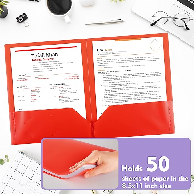 pmybupo 6 Pack Plastic Folders with Pockets,6 Colors Durable Heavy Duty File Folders with Business Card Holder,2 Pockets for Letter Size Paper for Office High School
