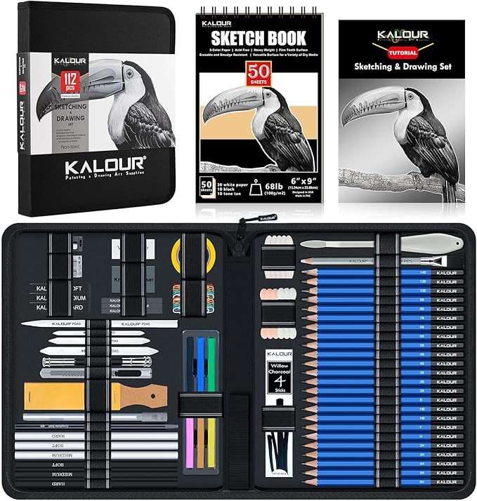 KALOUR PDAS 112 Drawing Set Sketch Kit, Pro Art Supplies with 3-Color Sketchbook, Graphite, Charcoal Pencils, Art Drawing Kit for Artists Adults Teens Beginners, Ideal for Shading & Blending