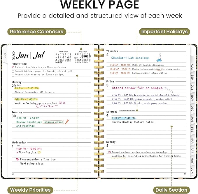 Planner 2026-2027, Academic Monthly and Weekly Calendar Planner for Women, July 2026 - June 2027, Hardcover Pretty Agenda Planner Book with Tabs, Spiral Daily Organizer for School Office Home Supplies, 6.3" x 8.5" - Mushroom
