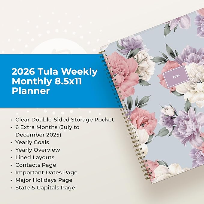 Blue Sky 2026 Weekly and Monthly Planner Calendar, January 2026 - December 2026, 8.5" x 11", Flexible Cover, Laminated Tabs, Durable Twin Wire Binding, Storage Pocket, Tula