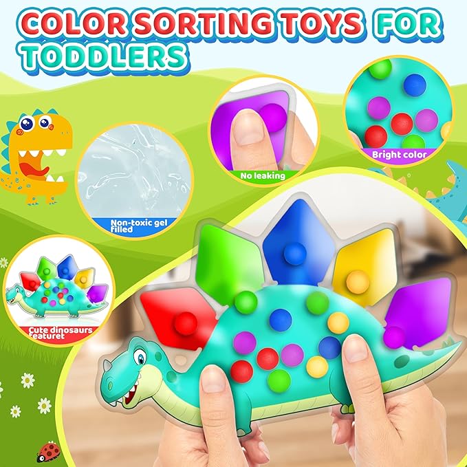 UIIOPJIOM 2PC Dinosaur Color Sorting Sensory Toys for Toddler, Montessori Toys Fine Motor Skill Game Learning Activities Quiet Calm Down Fidgets for Classroom Boys Girls Easter Basket Stuffers Gifts