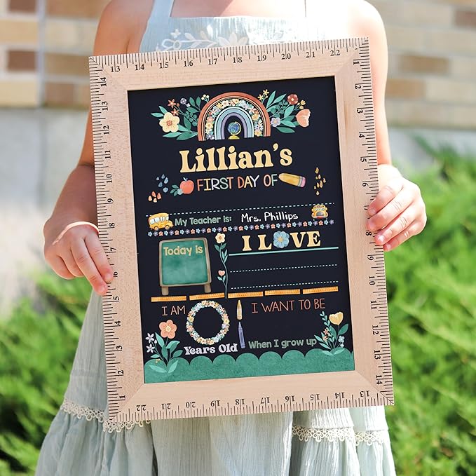 First Day of School Sign (11.5"x15"), Reusable Chalkboard, Easy to Clean with Real Wooden Ruler Frame, Perfect for Back to School, First Day of Kindergarten (Rainbow Garden)